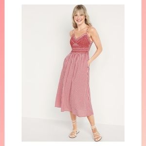 Old Navy Gingham Embroidered Smocked Midi Cami Dress